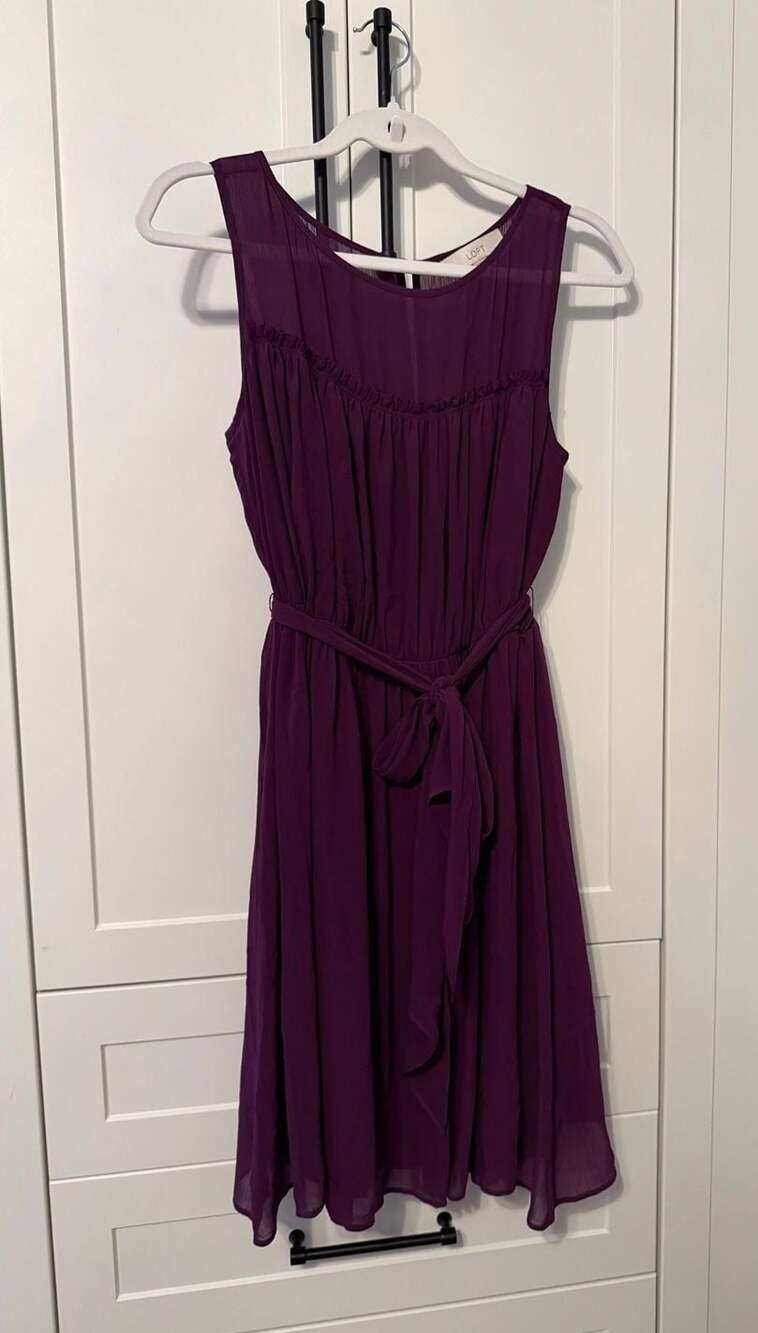 LOFT Ann Taylor Purple Chiffon Sleeveless Ruched Tie Waist Dress